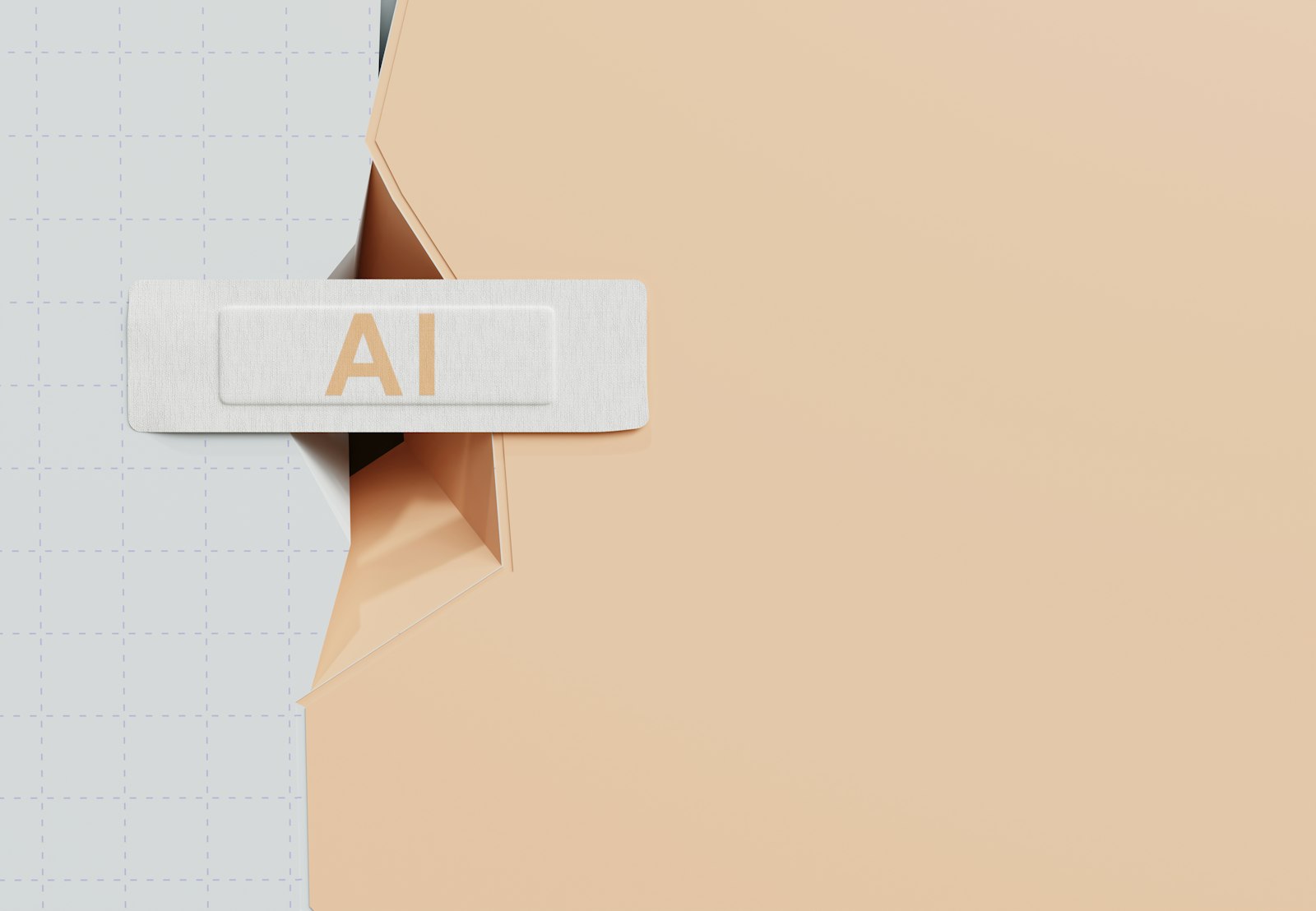 A white name tag labeled AI against layered translucent geometric shapes